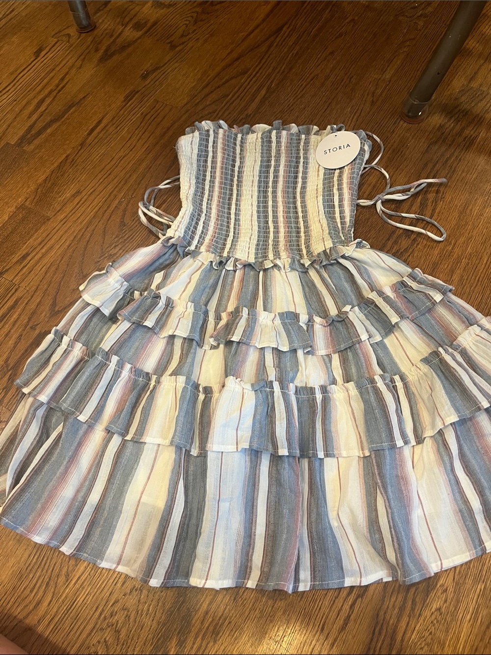 Storia Striped Ruffle Tiered Sundress in Blue, White & Pink
